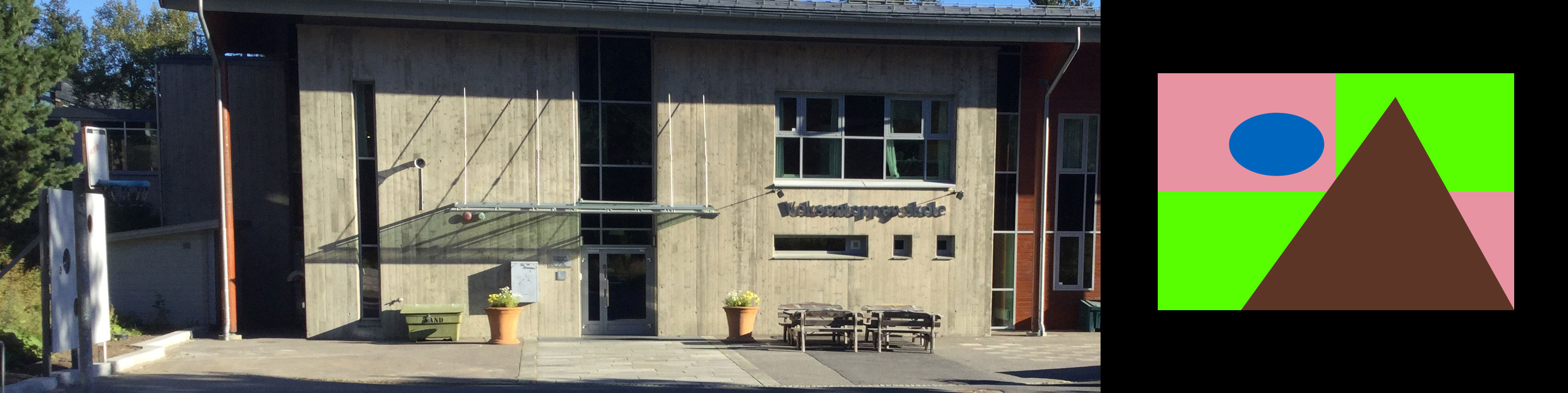 en bygning med et flagg foran