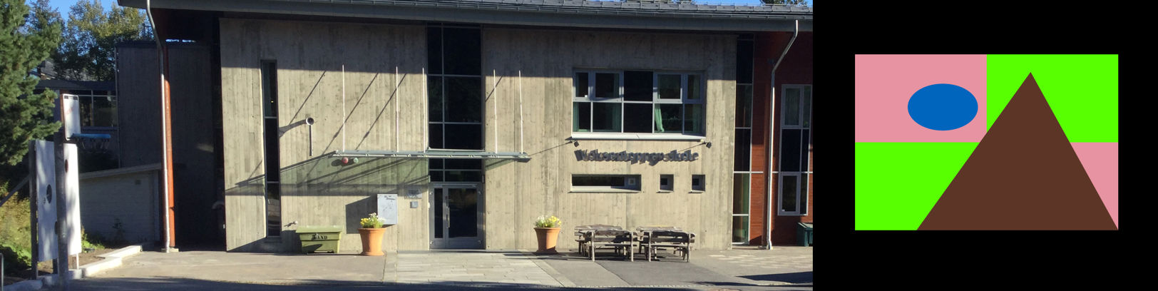 en bygning med et flagg foran en bygning med et flagg foran